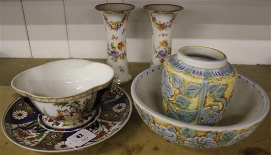 Pair Continental vases, gilt & floral spray-decorated, Dresden quatrefoil bowl, 2 Danesby ware items & Imari style plate